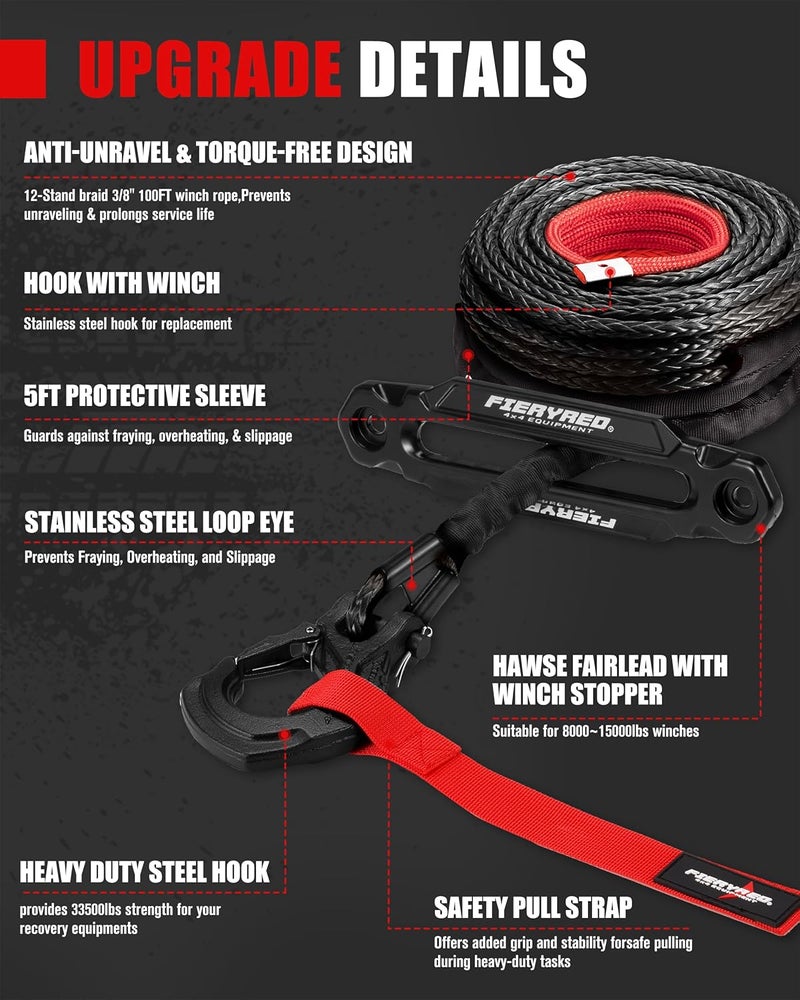 FIERYRED Synthetic Winch Rope 3/8 Inch100FT 23809Ibs Winch Line Cable Rope with Winch Hook Fairleads for 4WD Off Road Vehicle ATV UTV SUV - Image 4